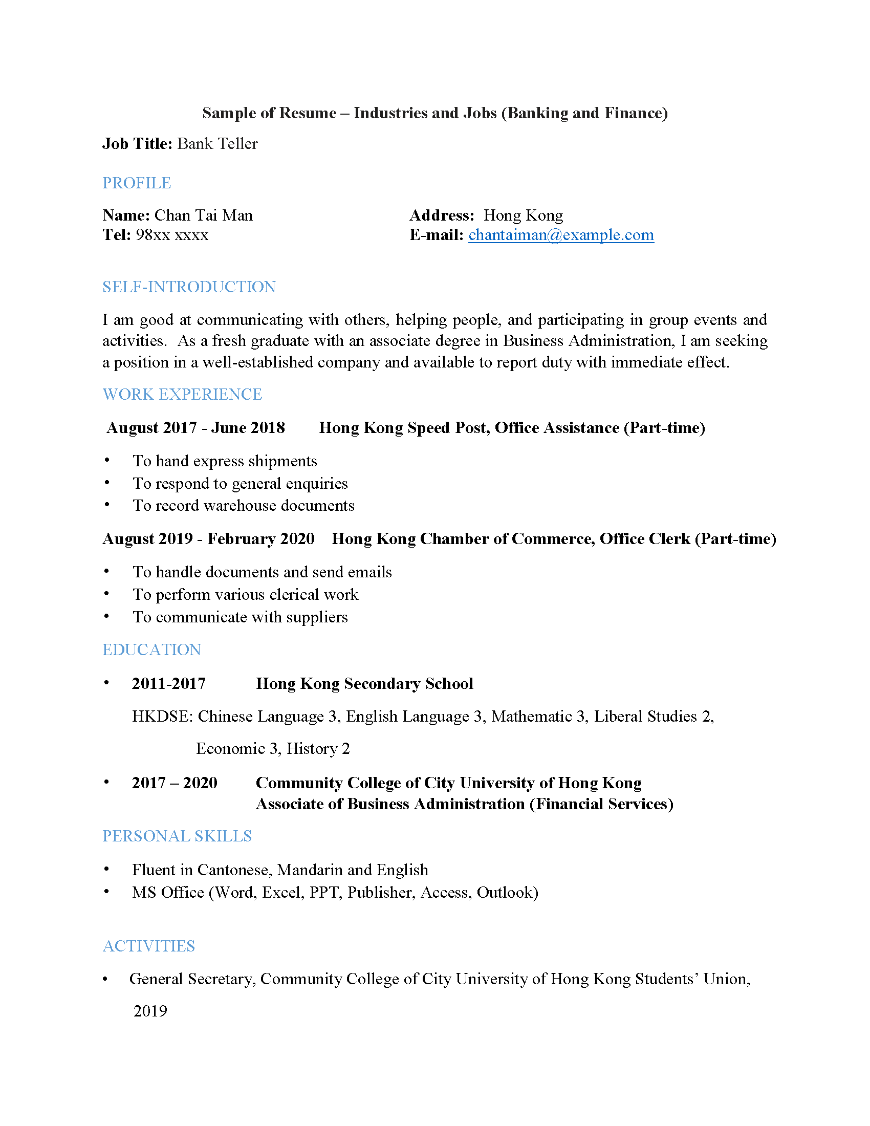 Banking and Finance Resume Sample