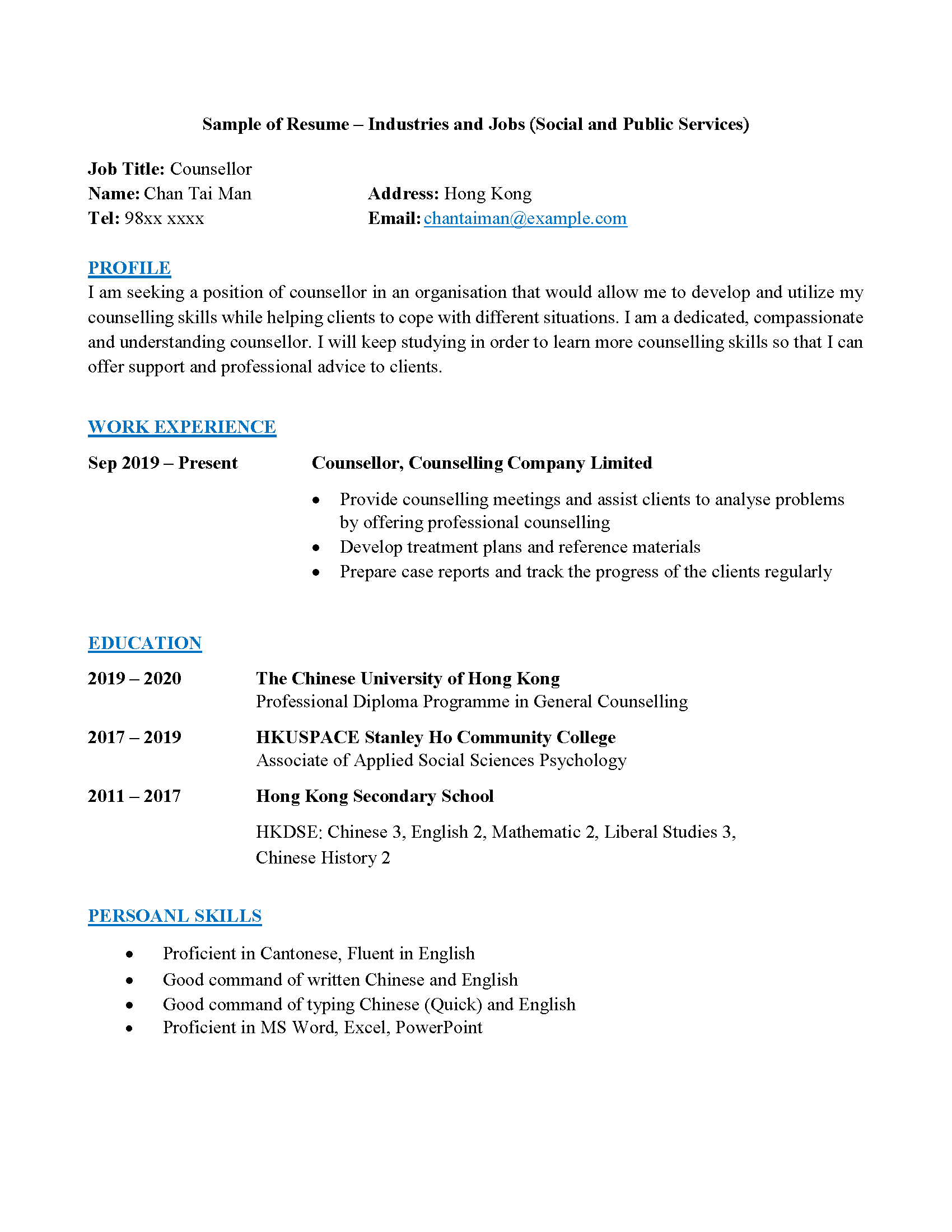 Counsellor Resume Sample