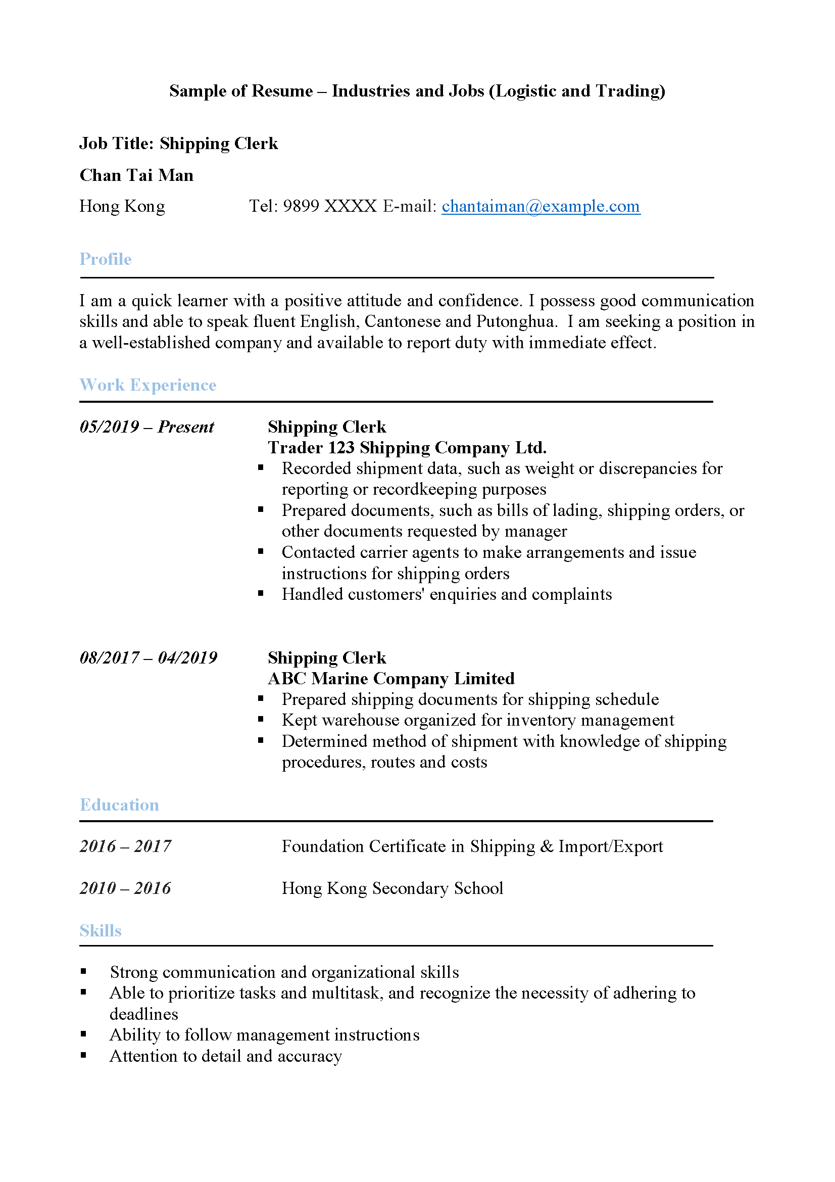 Logistic and Trading Resume Sample